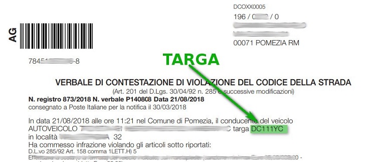 Immagine che descrive come recuperare la targa